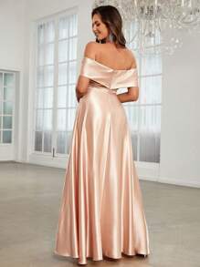 SHEIN Belle Off Shoulder Twist Front Satin Maxi Formal Dress - Champagne - View 2