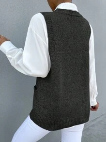 SHEIN LUNE 1 Miếng Dệt kim Marled Túi Kép Áo len vest - màu đen - Xem 2