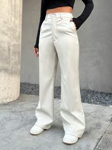 SHEIN EZwear Solid Wide Leg PU Leather Pants - Beige - View 4