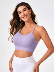 SHEIN Yoga Basic Solid Backless Sports Bra - Violet Purple - View 2