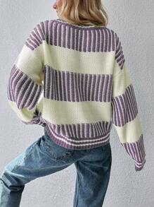 EURMUSE Striped Pattern Drop Shoulder Sweater - Purple - View 2