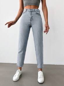 EURMUSE Ladies' Solid Color Slanted Pockets Tapered Jeans - Baby Blue - View 5