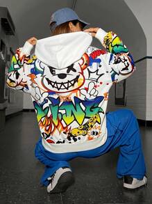 SHEIN Coolane Đồ họa Hoạt hình Thả vai Hoodie - trắng - Xem 1