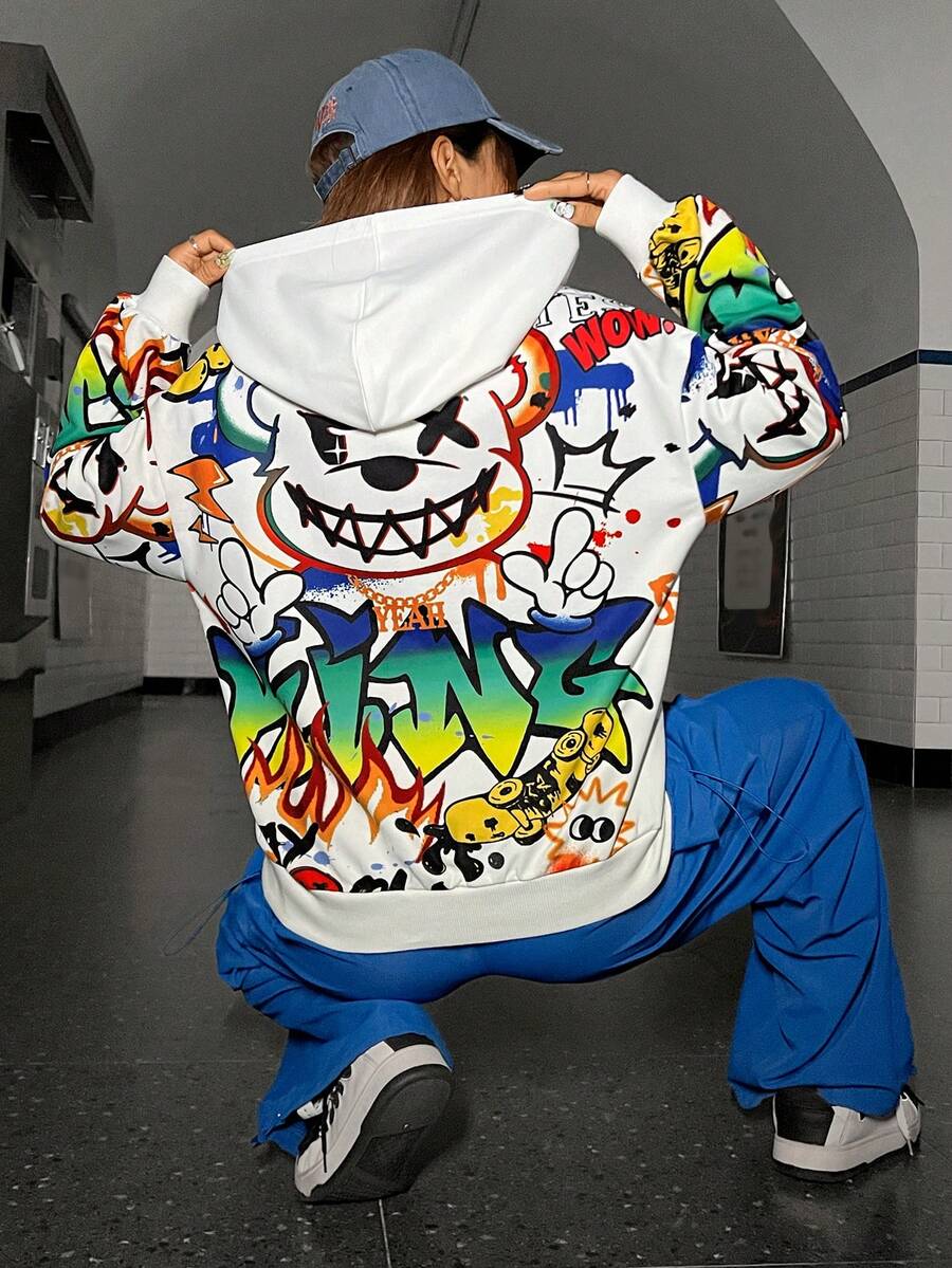 SHEIN Coolane Đồ họa Hoạt hình Thả vai Hoodie - trắng - Xem 1