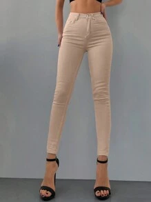 RueChic Women's Solid Color Slim Fit Jeans - Beige - View 1