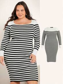 SHEIN BASICS Plus Striped Pattern Scoop Neck Sweater Dress - Black and White - View 1