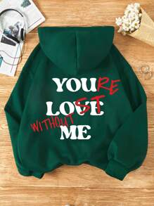 SHEIN EZwear 加大码标语图案袋鼠口袋抽绳保暖内衬卫衣 - 墨綠色 - 查看 1