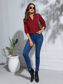 SHEIN Clasi Notched Neckline Roll Tab Sleeve Blouse - Burgundy - View 6