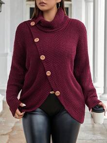 Flirla 大碼高領前紐扣落肩袖套頭毛衣 - 酒紅色 - 查看 3