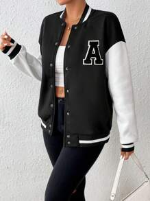 SHEIN Unity Women's Casual Fashion Street Sporty Collegiate Style Letter Graphic Contrast Color Loose Fit Baseball Jacket - Black and White - View 5