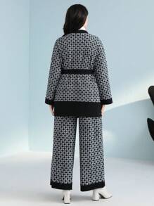 Mulvari Plus Allover Print Belted Coat & Wide Leg Pants