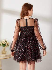 SHEIN Thiếu niên cô gái In Trái tim Lớp phủ lưới Váy có thắt lưng - màu đen - Xem 2