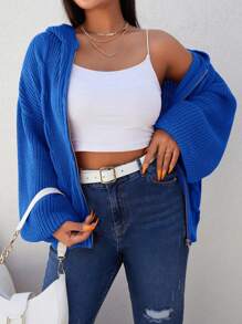 RueChic Plus Cable Knit Drop Shoulder Hooded Cardigan - Blue - View 3