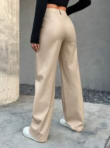 SHEIN Coolane 高腰接縫細節直筒褲 - 杏色 - 查看 2