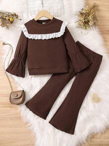 SHEIN Young Girl Eyelet Embroidery Ruffle Trim Tee & Flare Leg Pants - Brown - View 1