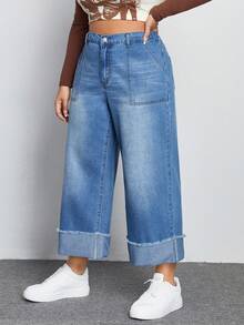 SHEIN EZwear Plus Raw Trim Roll Up Hem Wide Leg Jeans - Medium Wash - View 6