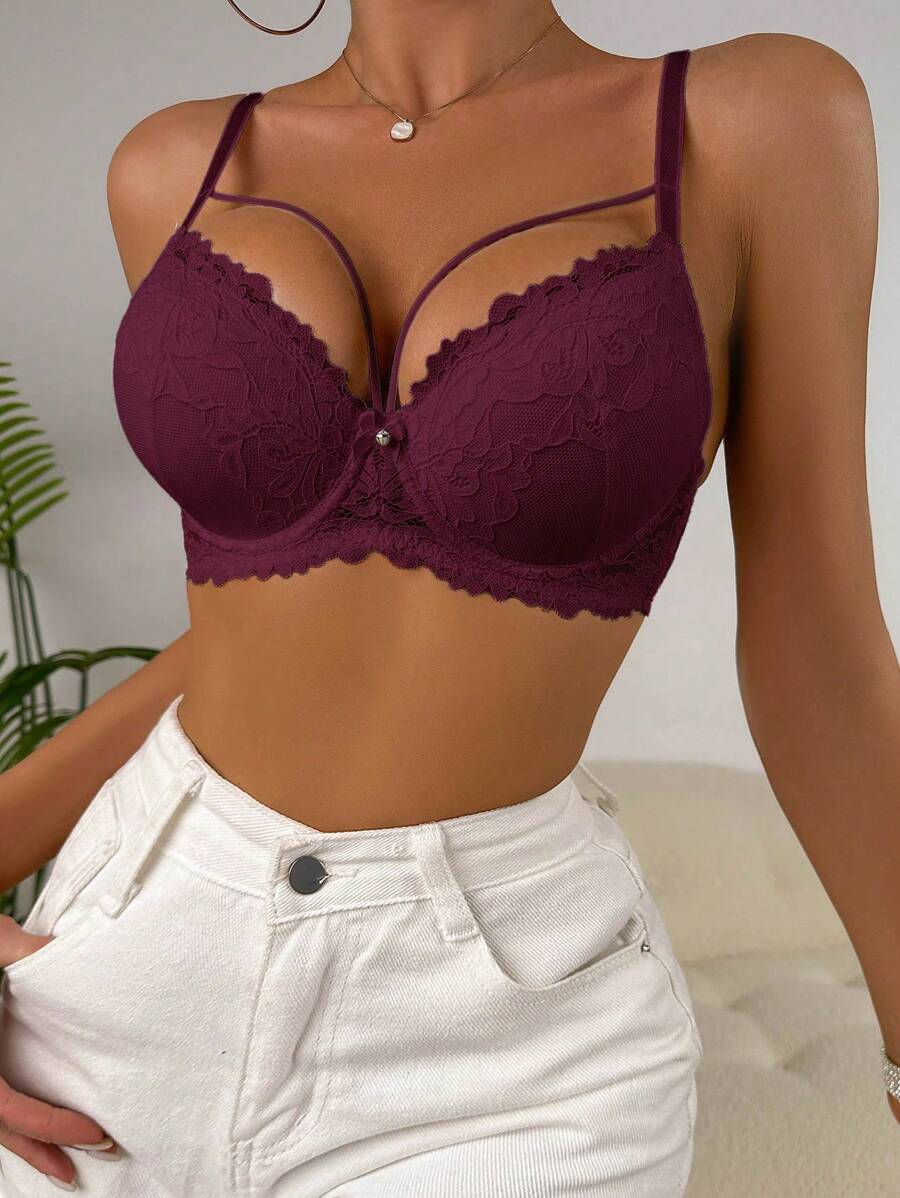Lencería, Sujetador Floral De Encaje Con Arnés Y Aro - Morado - Ver 1