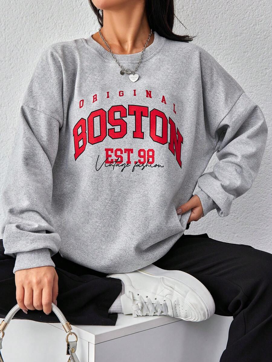 SHEIN Cottnline 字母圖案落肩袖運動衫 - 淺灰色 - 查看 1