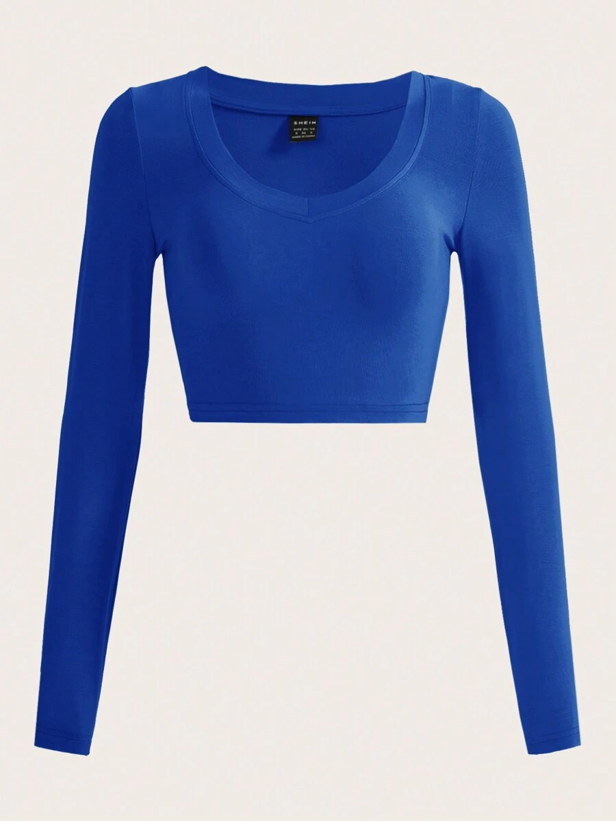 SHEIN EZwear Hơn Chất rắn Scoop Cổ Áo phông Crop - Xanh đậm - Xem 1