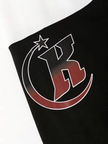 Loose Fit Men's Letter Graphic Two Tone Bomber Jacket - Black and White - View 6