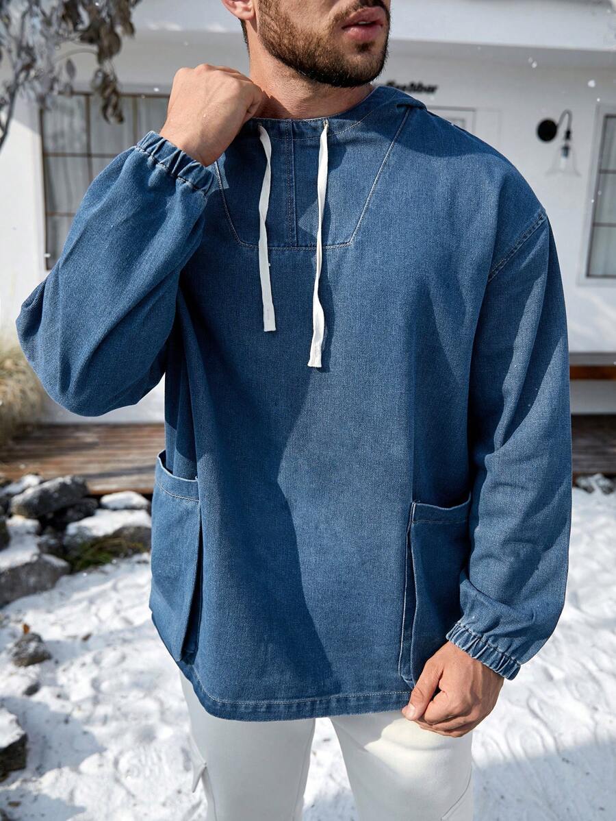 Manfinity Homme 男式鬆身束腰帽子牛仔外套 - 中等水洗藍 - 查看 1