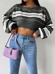 SHEIN Unity Striped Pattern Drop Shoulder Crop Sweater - Grey - View 1