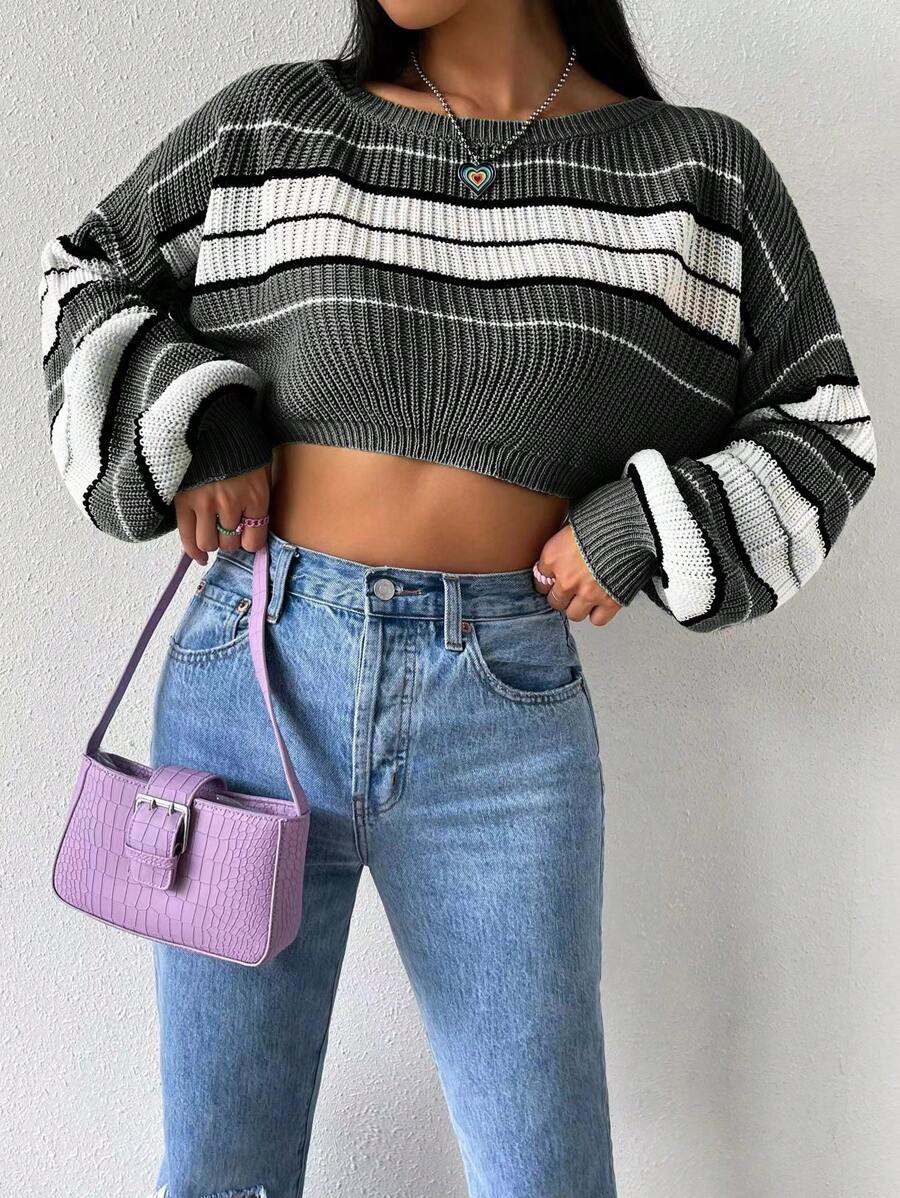 SHEIN Unity Striped Pattern Drop Shoulder Crop Sweater - Grey - View 1