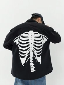 Manfinity Roghcode Camisa De Mezclilla Con Estampado De Esqueleto Suelta Para Hombres