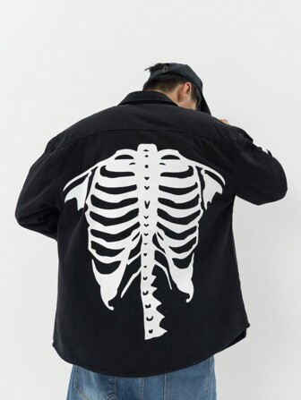 Manfinity Roghcode Loose Fit Men's Skeleton Print Denim Shirt