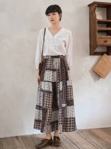 FRIFUL Falda con estampado de retazo bajo con fruncido