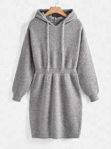 SHEIN BASICS Plus Drawstring Hooded Sweater Dress - Light Grey - View 1