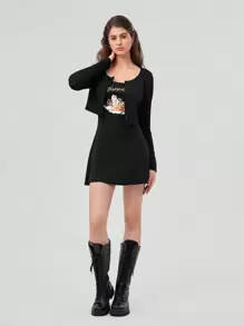 Forever 21 Cat And Text Print Crop Top And Strap Dress Two-piece Set - Black - View 4