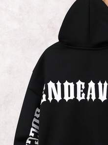 SHEIN 1件青少年男童字母图案袋鼠口袋落肩卫衣 - 黑色 - 查看 3