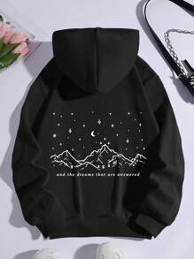 SHEIN EZwear Plus Size Mountain & Slogan Graphic Kangaroo Pocket Drawstring Thermal Sweatshirt - Black - View 1