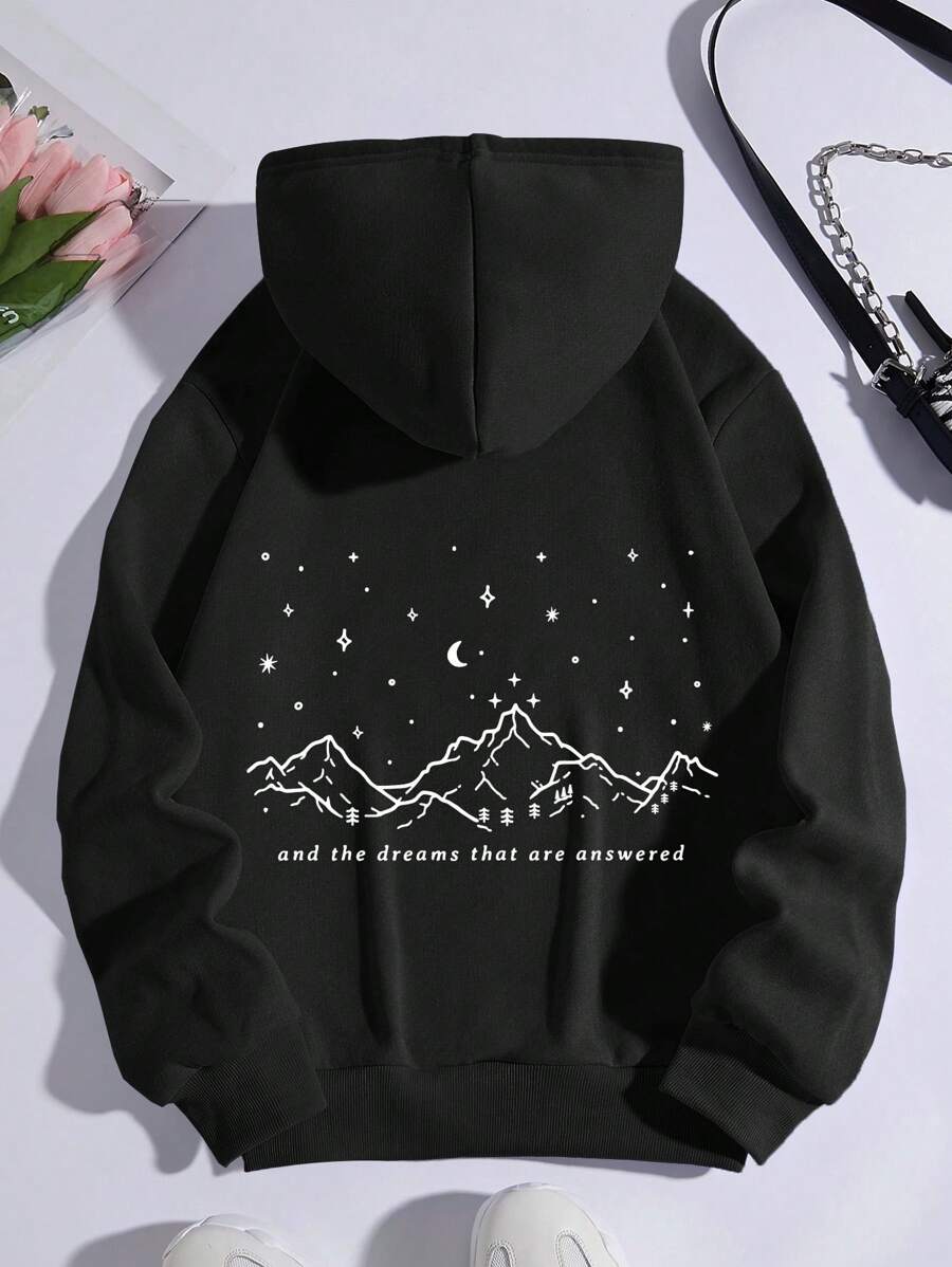 SHEIN EZwear Plus Size Mountain & Slogan Graphic Kangaroo Pocket Drawstring Thermal Sweatshirt - Black - View 1