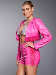 SHEIN BAE Fuzzy Trim PU Leather Shorts - Hot Pink - View 5