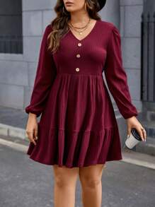 Calvaya Talla grande Vestido tejido de canalé de manga farol bajo con fruncido - Caqui - Ver 7