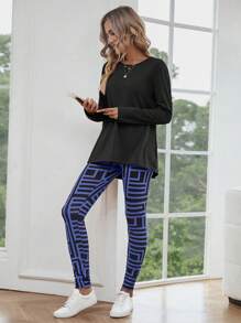 SHEIN LUNE Solid Tee & Geo Print Leggings - Navy Blue - View 4