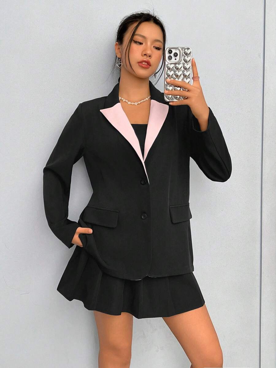 SHEIN EZwear Panel Tương phản Cổ áo Ngực đơn Áo vest - màu đen - Xem 1