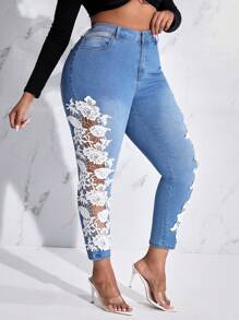 SHEIN SXY 大碼印花蕾絲拼接緊身牛仔褲