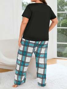 Plus Bộ áo phông và quần PJ in họa tiết kẻ sọc / Bộ đồ ngủ - Màu xanh lam - Xem 2