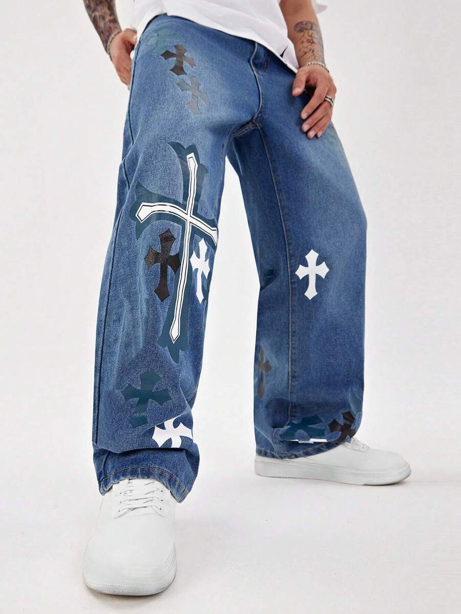 Manfinity Roghcode 男士休闲交叉印花直筒牛仔裤 - 藍色 - 查看 1