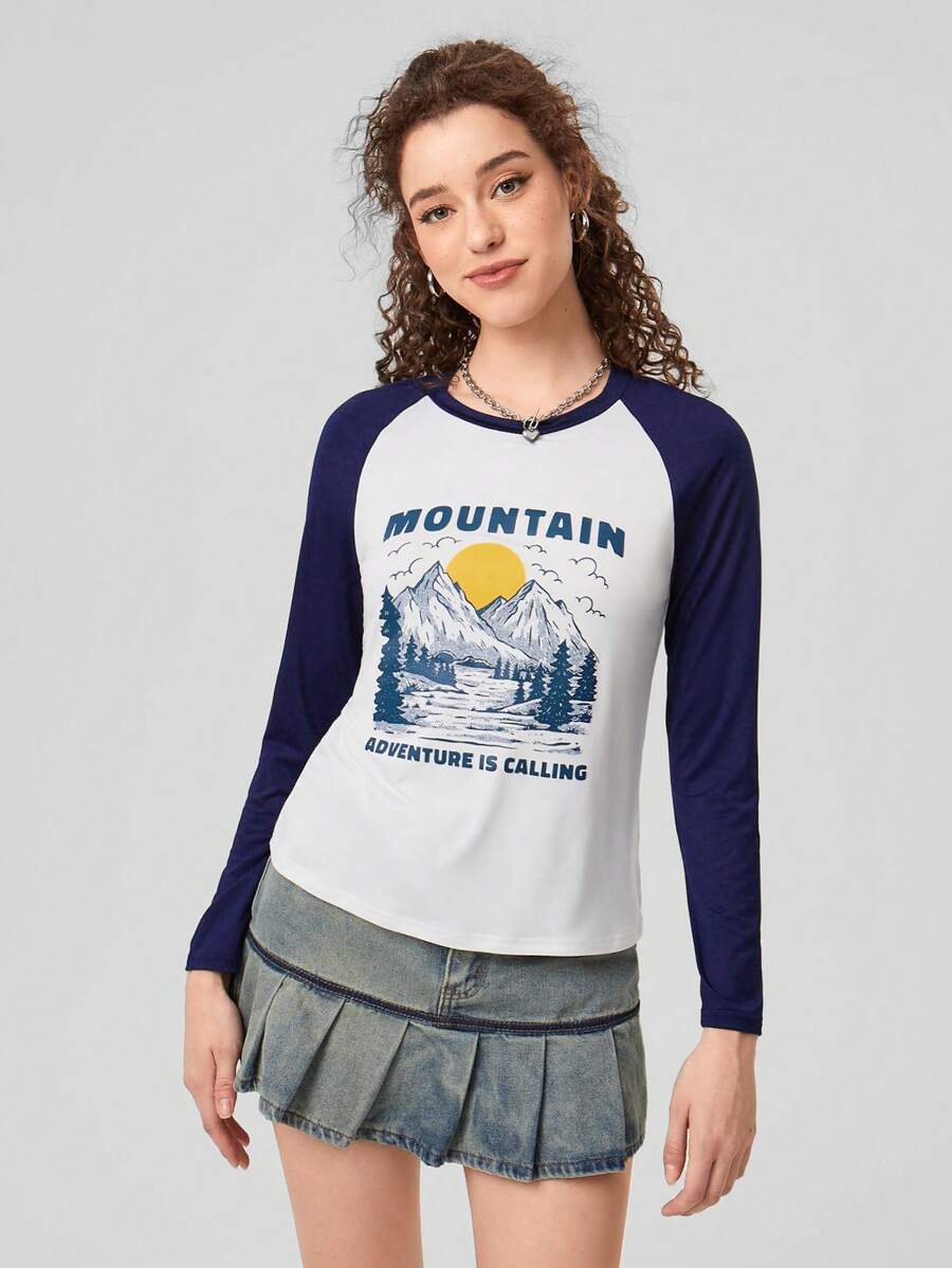 Forever 21 Women's Slogan Print Color Block Raglan Sleeve T-shirt - Blue and White - View 1