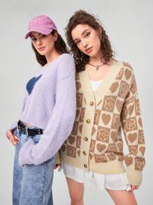 Forever 21 Ladies' Loose Fit Cardigan With Flower & Heart Pattern - Multicolor - View 1