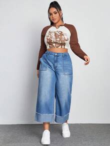 SHEIN EZwear Plus Raw Trim Roll Up Hem Wide Leg Jeans - Medium Wash - View 3