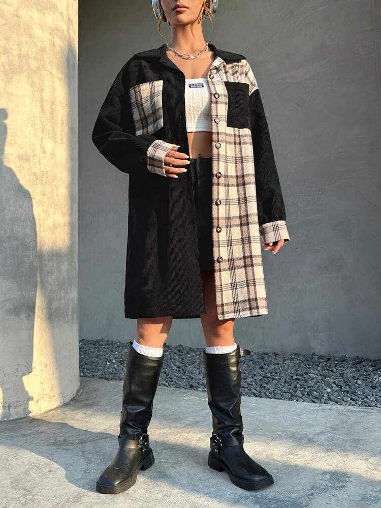 Colorblock Plaid Print Drop Shoulder Flap Pocket Button Front Coat