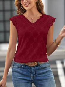 SHEIN Clasi Contrast Scallop Lace Trim Cap Sleeve Eyelet Embroidery Tee - Burgundy - View 4