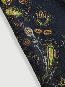 ROMWE Hippie Floral Embroidery Flare Leg Jeans - Blue - View 4