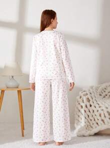 SHEIN 青少女花卉圖案t卹和長褲家居服裝 - 白色 - 查看 3