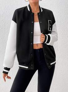 SHEIN Unity Women's Casual Fashion Street Sporty Collegiate Style Letter Graphic Contrast Color Loose Fit Baseball Jacket - Black and White - View 4